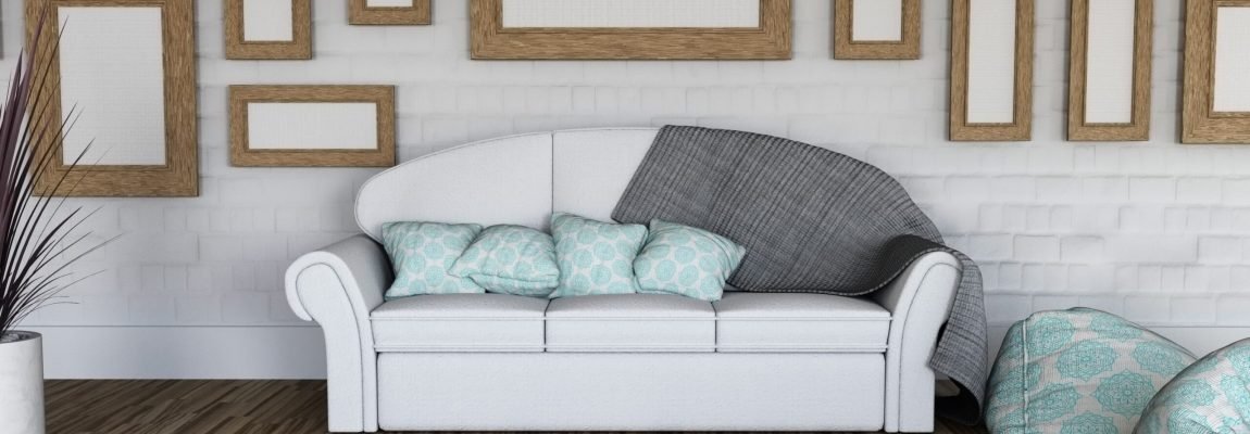 3D room interior with collection of blank picture frames on the wall