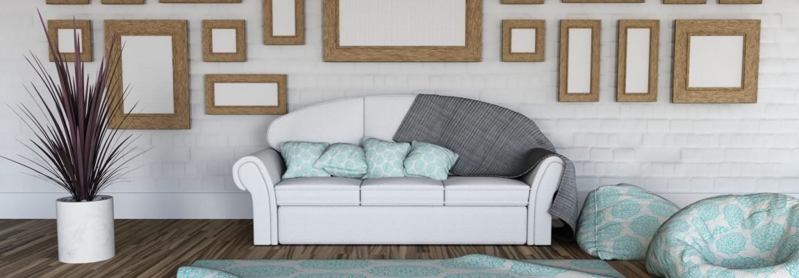 3D render of a room interior with collection of blank picture frames on the wall